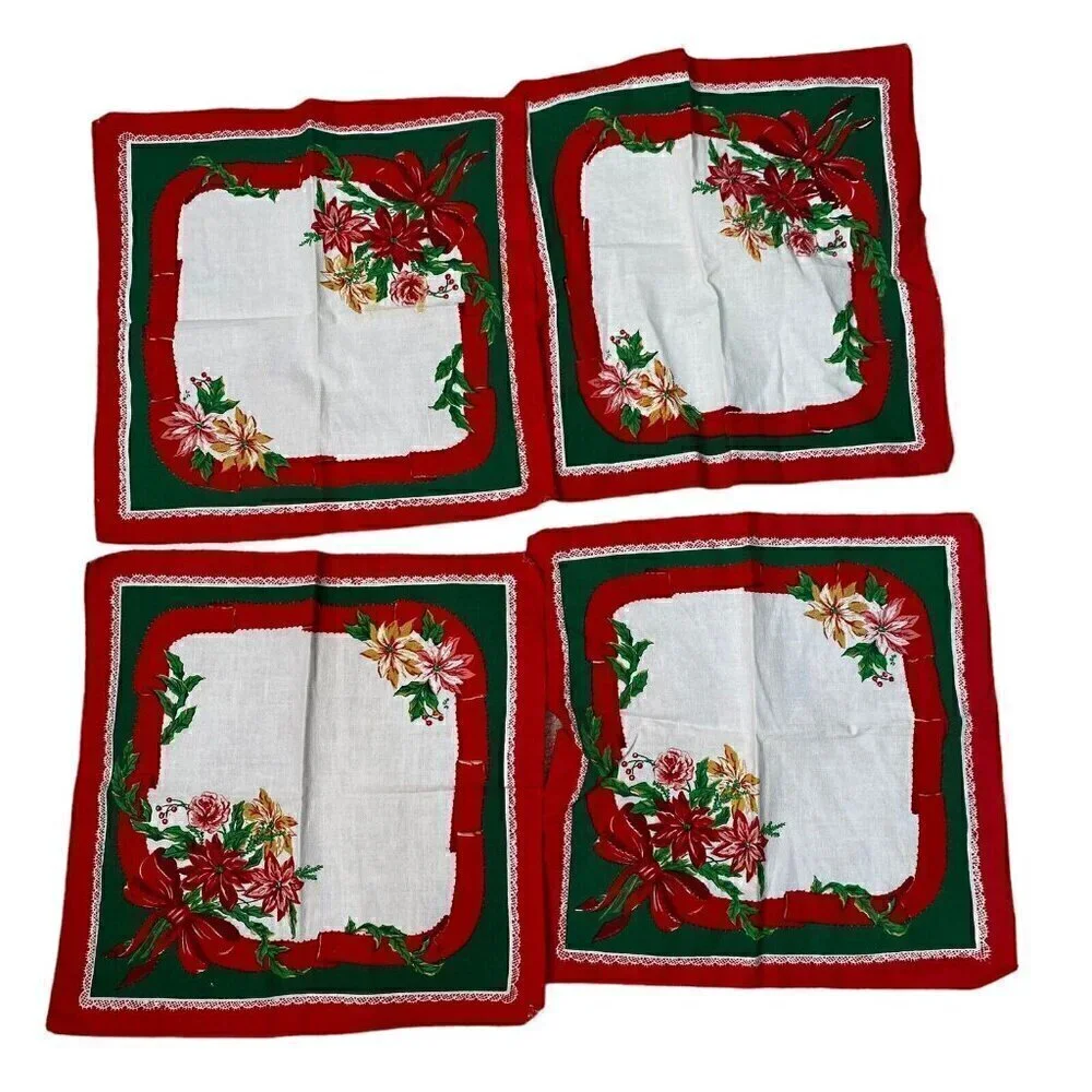 Set of 4 Linen Holiday Christmas Napkins Floral Poinsettia